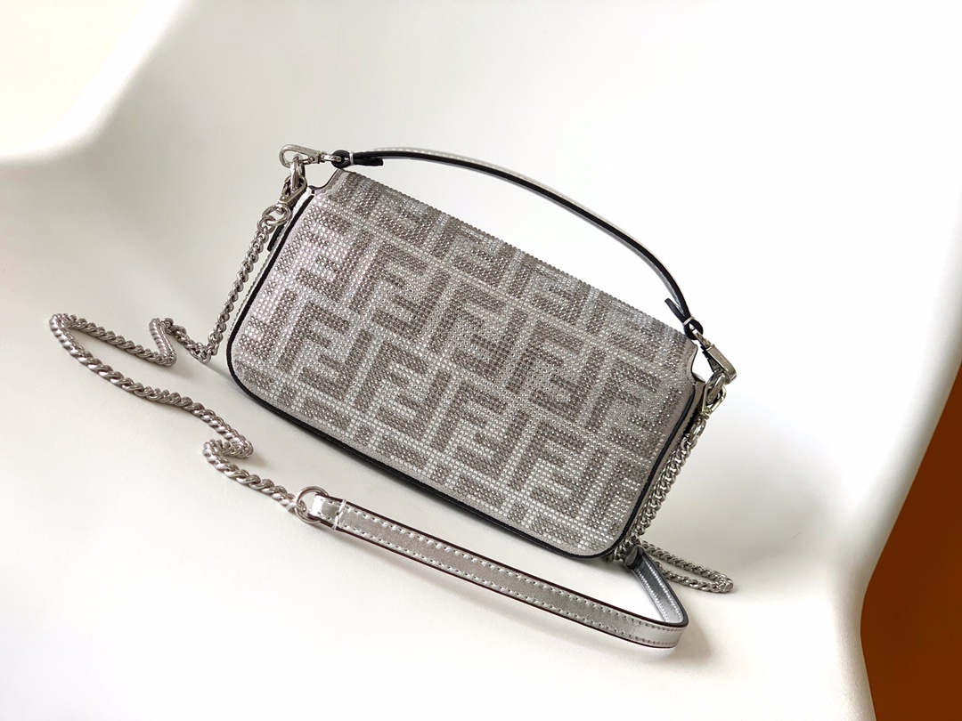 Fendi Mini Baguette FF Chenille Shoulder Bag Silver Grey